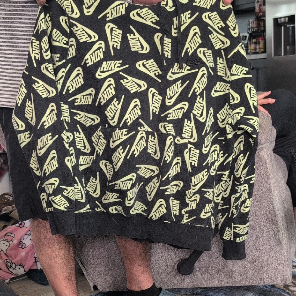 Nike Black and Neon Yellow Logo Hoodie
